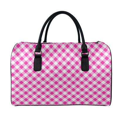 Magenta Pink And White Gingham Print Leather Duffle Bag