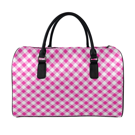 Magenta Pink And White Gingham Print Leather Duffle Bag