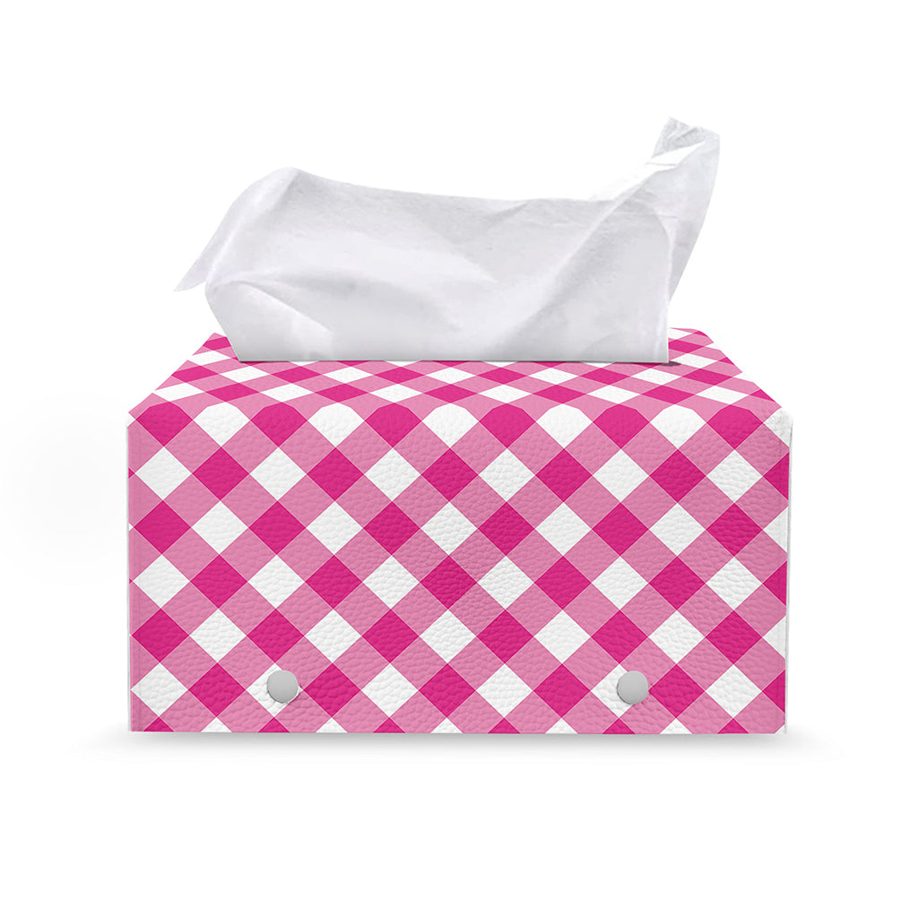 Magenta Pink And White Gingham Print Leather Tissue Box Cover