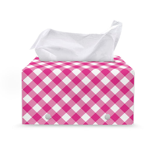 Magenta Pink And White Gingham Print Leather Tissue Box Cover