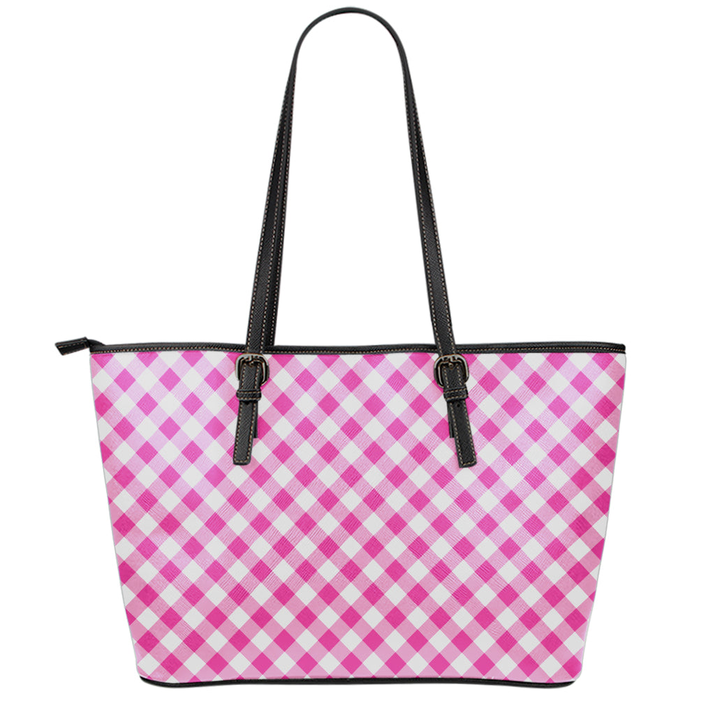 Magenta Pink And White Gingham Print Leather Tote Bag