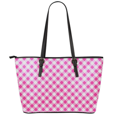 Magenta Pink And White Gingham Print Leather Tote Bag