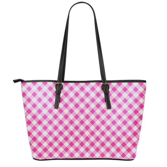 Magenta Pink And White Gingham Print Leather Tote Bag