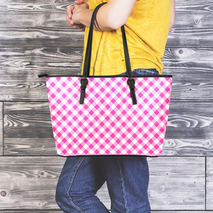 Magenta Pink And White Gingham Print Leather Tote Bag
