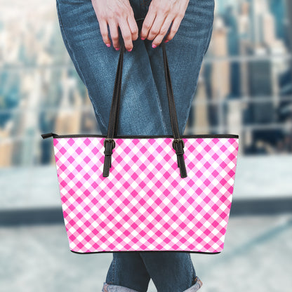 Magenta Pink And White Gingham Print Leather Tote Bag
