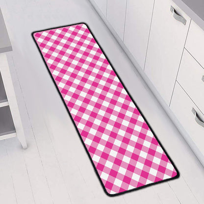 Magenta Pink And White Gingham Print Long Kitchen Mat
