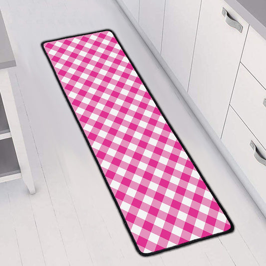 Magenta Pink And White Gingham Print Long Kitchen Mat