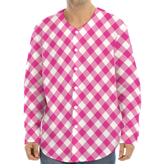 Magenta Pink And White Gingham Print Long Sleeve Baseball Jersey