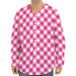 Magenta Pink And White Gingham Print Long Sleeve Baseball Jersey