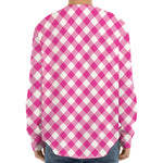 Magenta Pink And White Gingham Print Long Sleeve Baseball Jersey