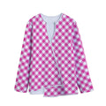 Magenta Pink And White Gingham Print Long Sleeve Short Coat