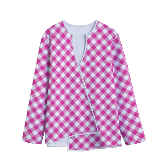Magenta Pink And White Gingham Print Long Sleeve Short Coat