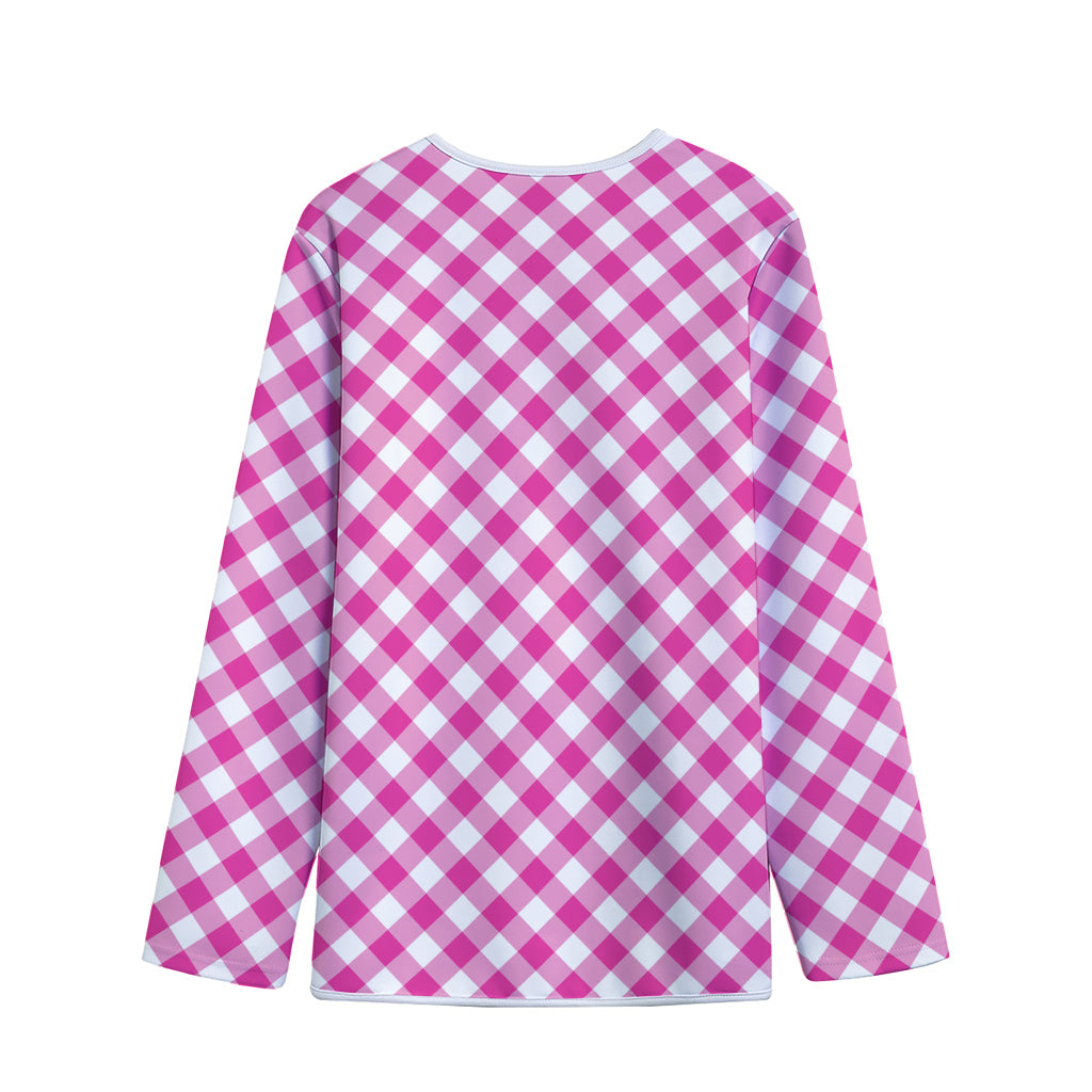 Magenta Pink And White Gingham Print Long Sleeve Short Coat