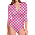Magenta Pink And White Gingham Print Long Sleeve Swimsuit