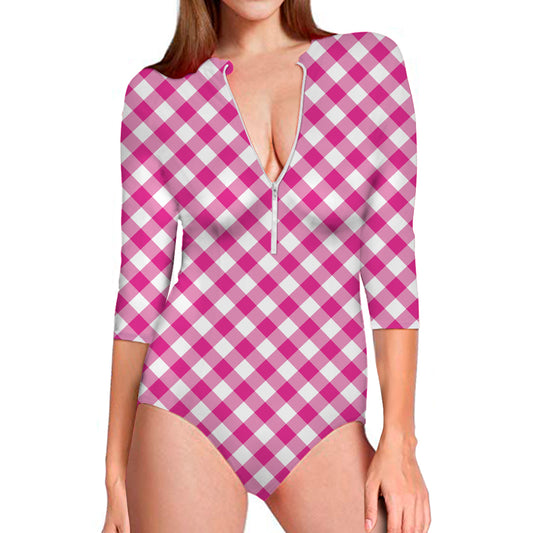 Magenta Pink And White Gingham Print Long Sleeve Swimsuit