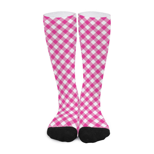 Magenta Pink And White Gingham Print Long Socks