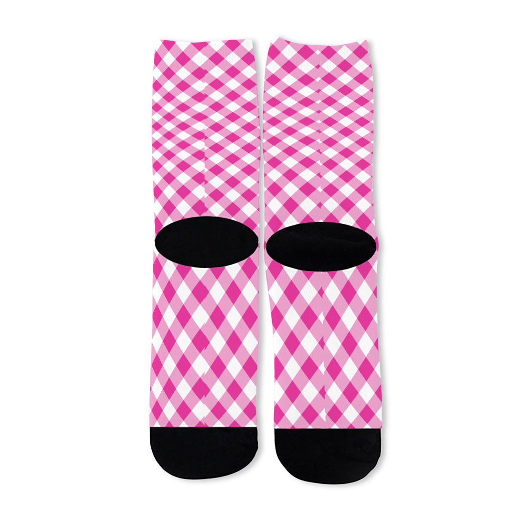 Magenta Pink And White Gingham Print Long Socks