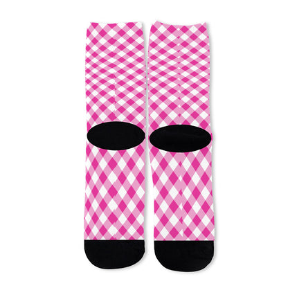Magenta Pink And White Gingham Print Long Socks