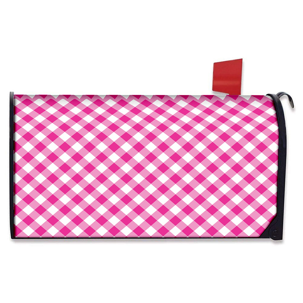 Magenta Pink And White Gingham Print Mailbox Cover