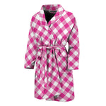 Magenta Pink And White Gingham Print Men's Bathrobe