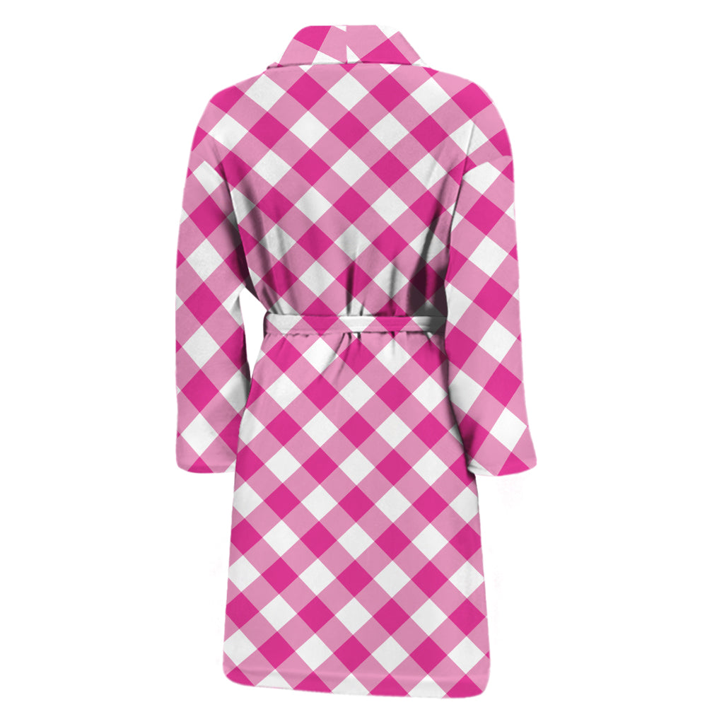 Magenta Pink And White Gingham Print Men's Bathrobe