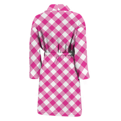 Magenta Pink And White Gingham Print Men's Bathrobe