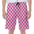 Magenta Pink And White Gingham Print Men's Beach Shorts