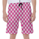 Magenta Pink And White Gingham Print Men's Beach Shorts