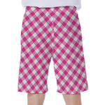 Magenta Pink And White Gingham Print Men's Beach Shorts