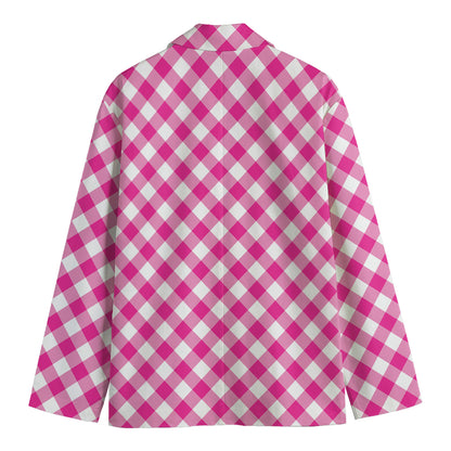 Magenta Pink And White Gingham Print Men's Blazer