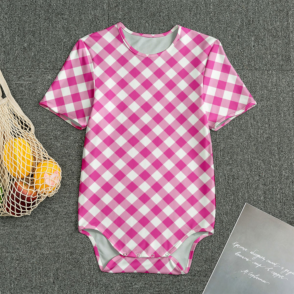 Magenta Pink And White Gingham Print Men's Bodysuit
