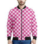 Magenta Pink And White Gingham Print Men's Bomber Jacket