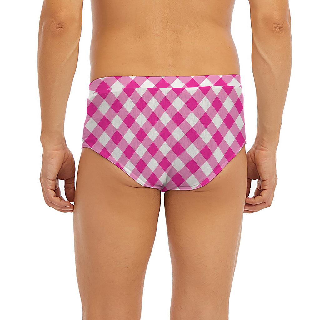 Magenta Pink And White Gingham Print Men's Briefs