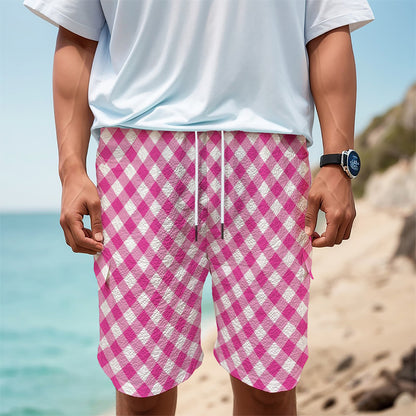 Magenta Pink And White Gingham Print Men's Cargo Shorts