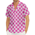 Magenta Pink And White Gingham Print Men's Deep V-Neck Shirt