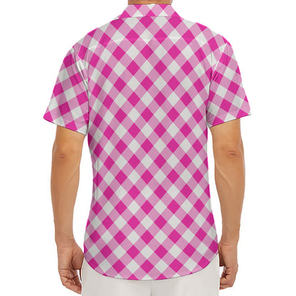 Magenta Pink And White Gingham Print Men's Deep V-Neck Shirt