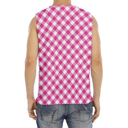 Magenta Pink And White Gingham Print Men's Fitness Tank Top