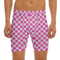 Magenta Pink And White Gingham Print Men's Long Boxer Briefs