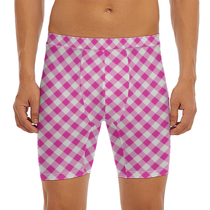 Magenta Pink And White Gingham Print Men's Long Boxer Briefs