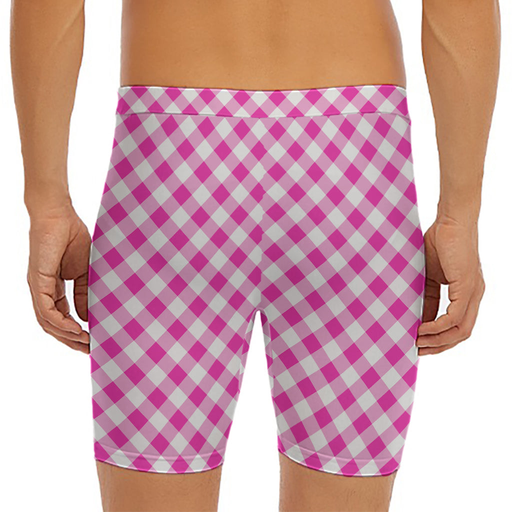 Magenta Pink And White Gingham Print Men's Long Boxer Briefs