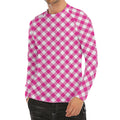 Magenta Pink And White Gingham Print Men's Long Sleeve Rash Guard