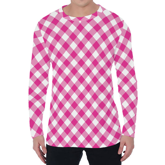 Magenta Pink And White Gingham Print Men's Long Sleeve T-Shirt