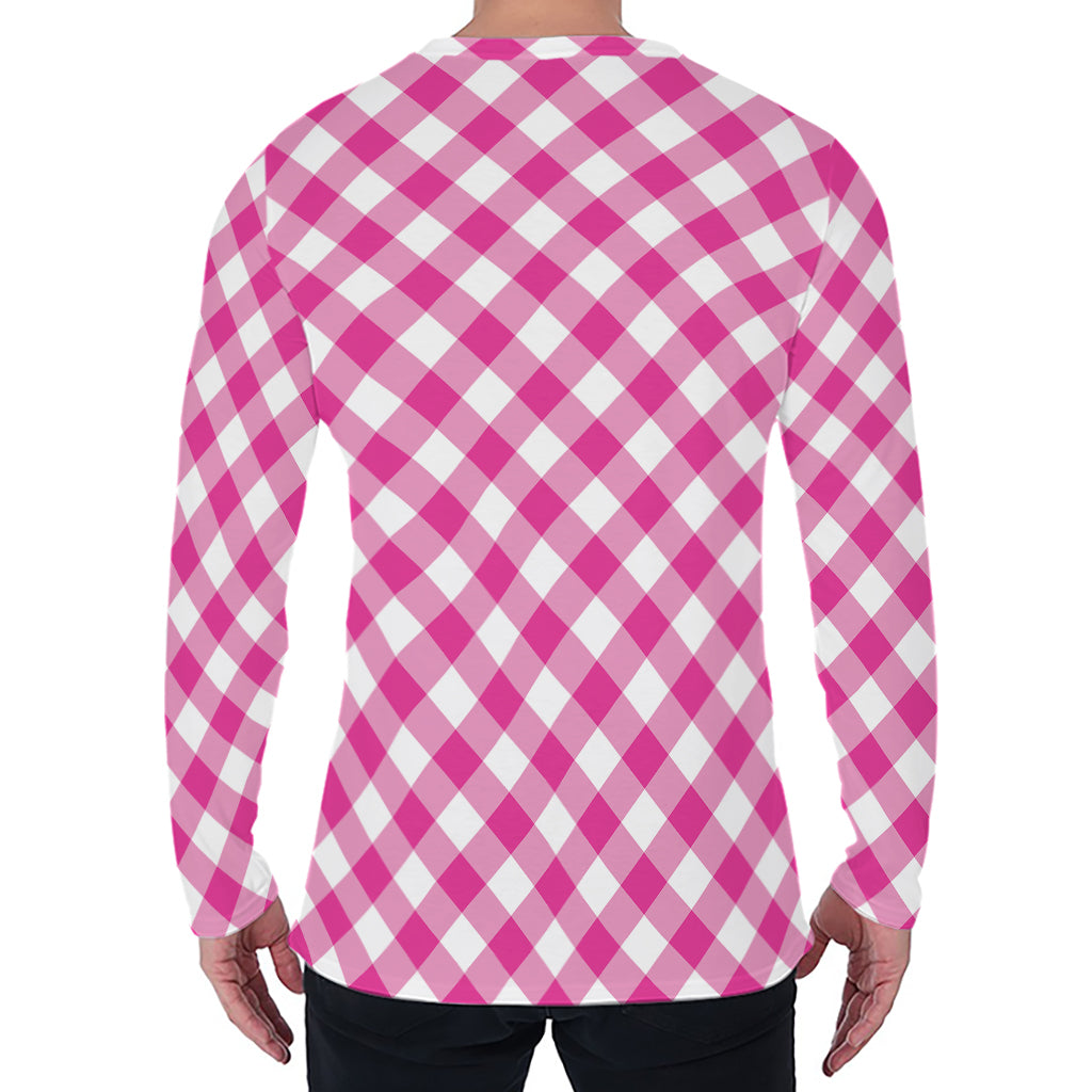 Magenta Pink And White Gingham Print Men's Long Sleeve T-Shirt