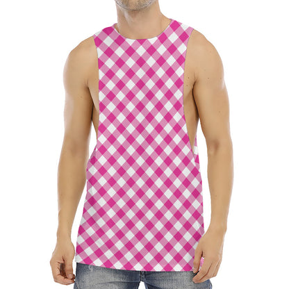 Magenta Pink And White Gingham Print Men's Muscle Tank Top