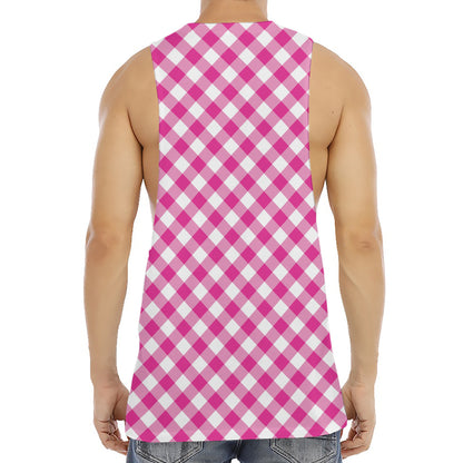 Magenta Pink And White Gingham Print Men's Muscle Tank Top