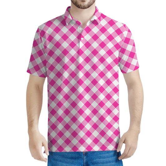 Magenta Pink And White Gingham Print Men's Polo Shirt