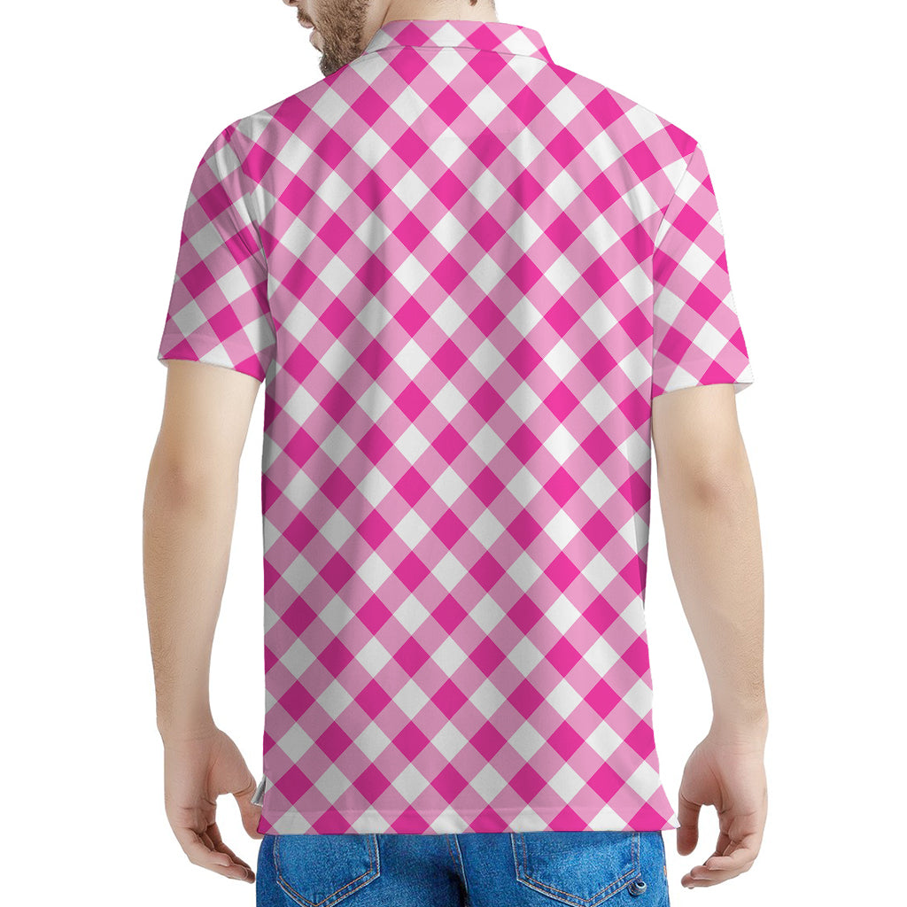 Magenta Pink And White Gingham Print Men's Polo Shirt