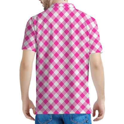 Magenta Pink And White Gingham Print Men's Polo Shirt