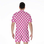 Magenta Pink And White Gingham Print Men's Rompers
