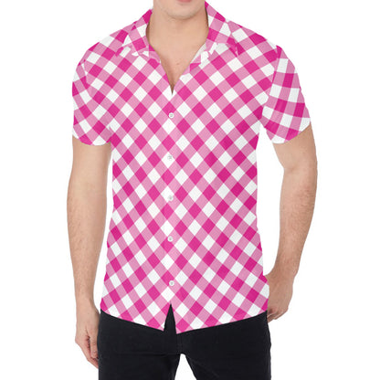 Magenta Pink And White Gingham Print Men's Shirt